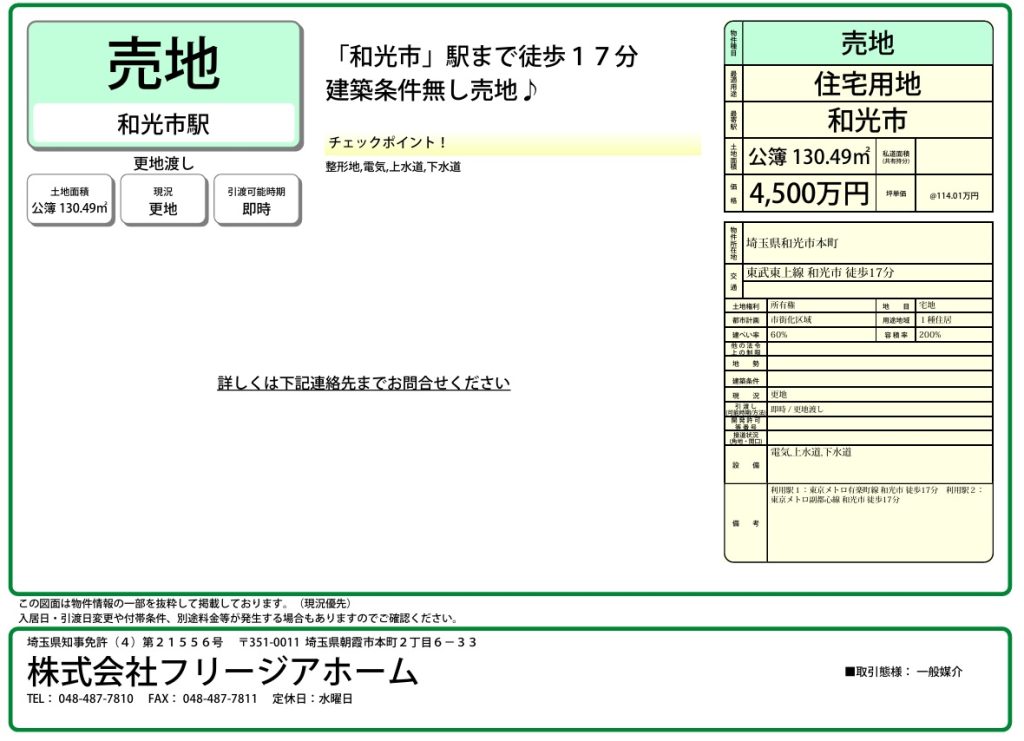 ★新着★　和光市本町　＜建築条件無し売地＞
